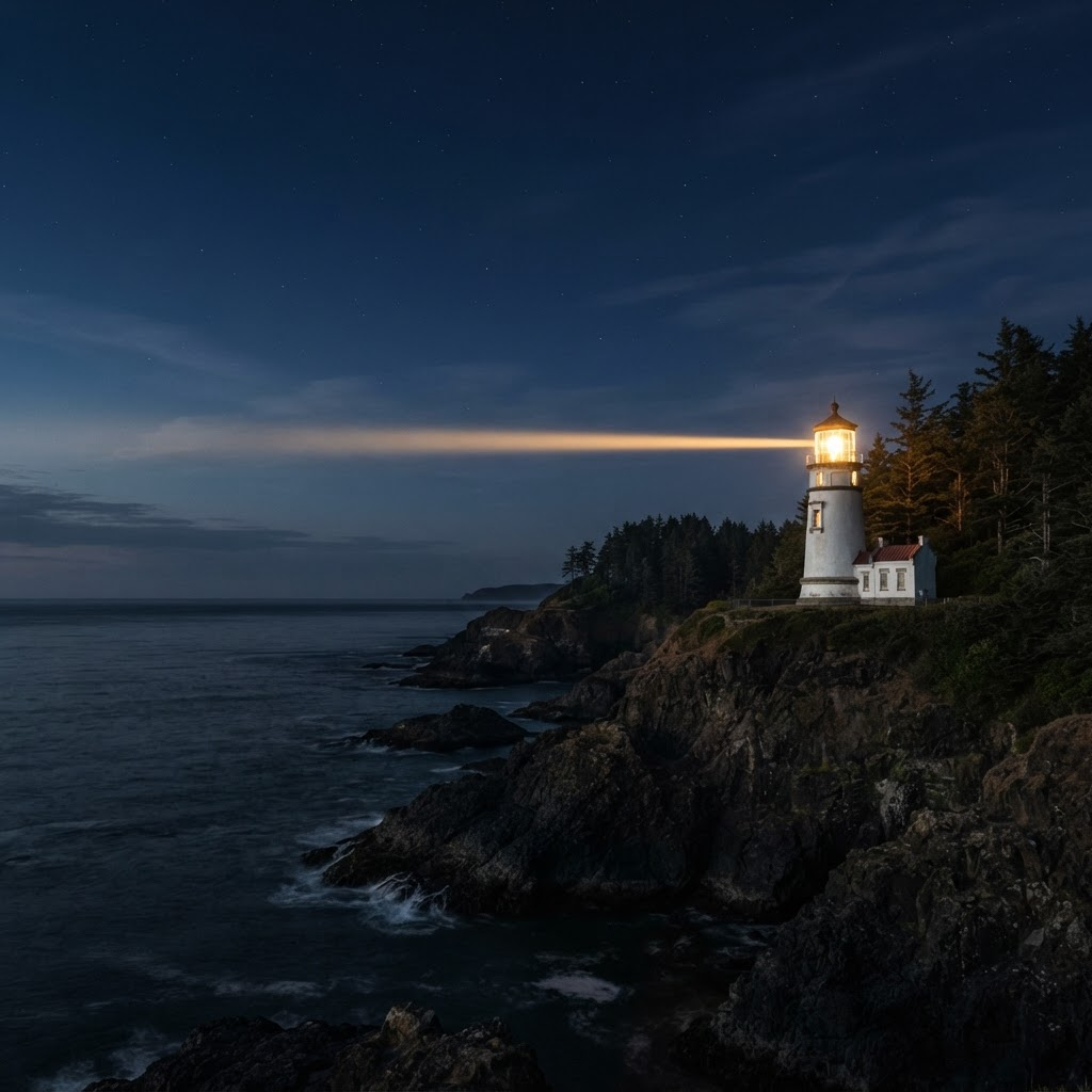 Lighthouse beacon shining across the water at night